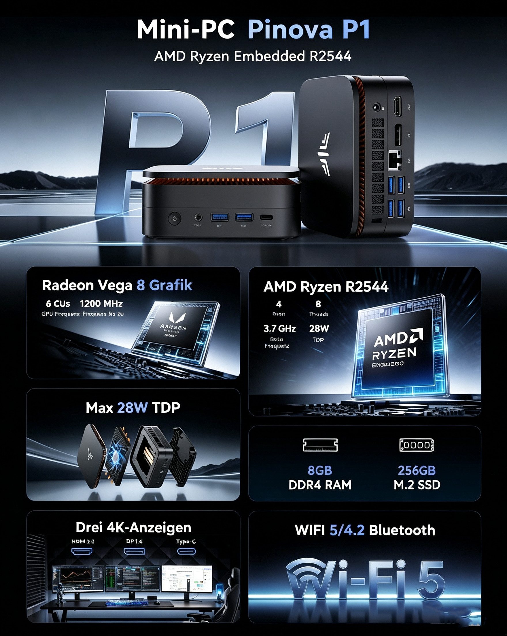 NiPoGi P1 Windows 11 pro,AMD Ryzen Embedded R2544, 8/16 GB RAM, 256 GB SSD Mini-PC (AMD Ryzen Embedded R2544, AMD Radeon Graphics, 8 GB RAM, 256 GB SSD, AMD Radeon Graphics, Windows 11 Pro,WIFI 5,Bluetooth 4.2,Ethernet)