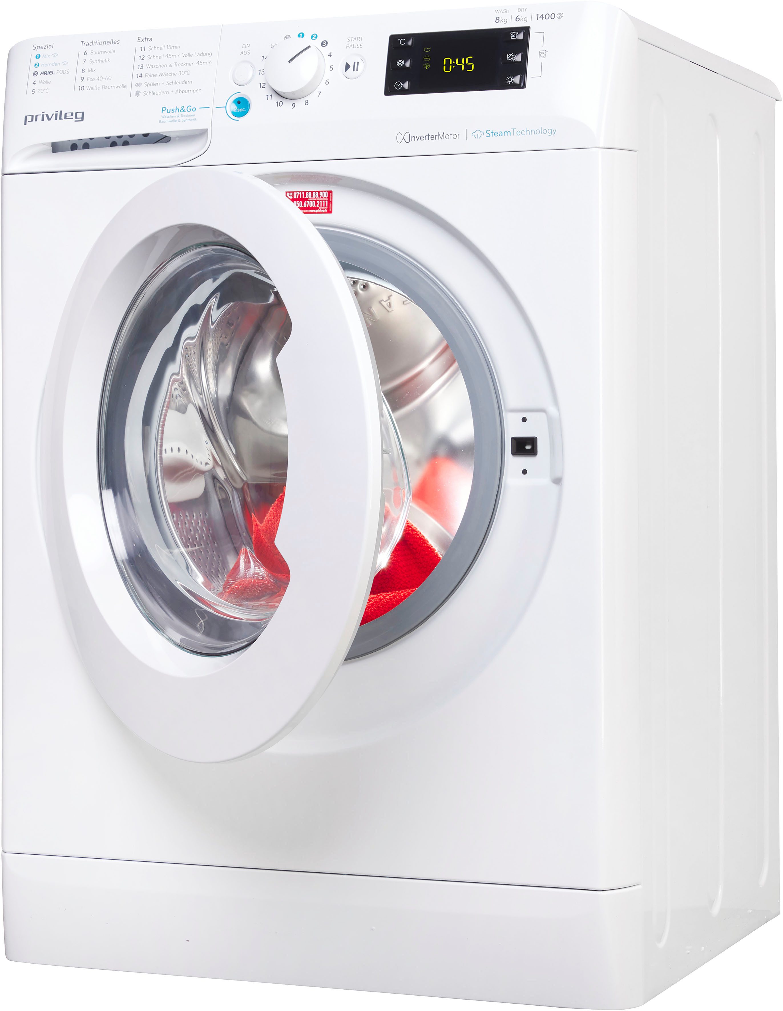 Privileg Waschtrockner PWWTV X 86H69, 8 kg, 6 kg, 1400 U/min, Push&Go mit Steam-Technologie – Reduziert die Bügelzeit um bis zu 30% – Bild 2 von 5