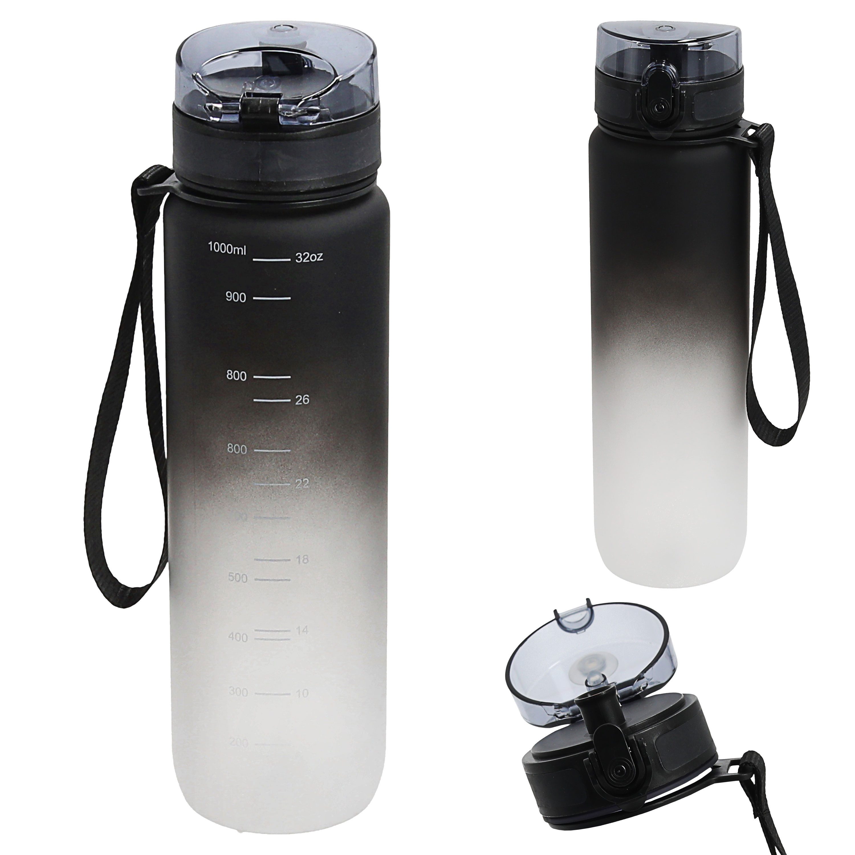 CEPEWA Trinkflasche Trinkflasche 1000ml PET PP PE 7,5x28cm schwarz weiß Handschlaufe Sieb