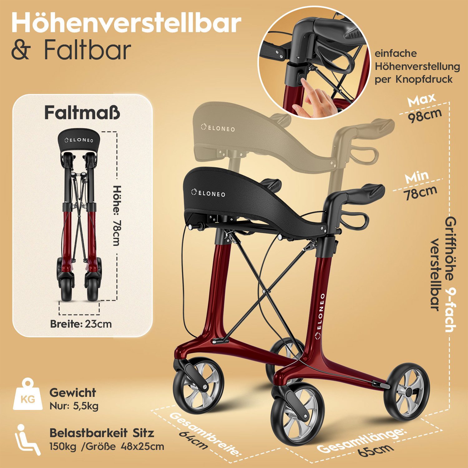 ELONEO Rollator aus Carbon, ultraleicht, faltbar, mit Sitz, Faltbarer Rollator mit Sitz, Rückenlehne, Einkaufstasche