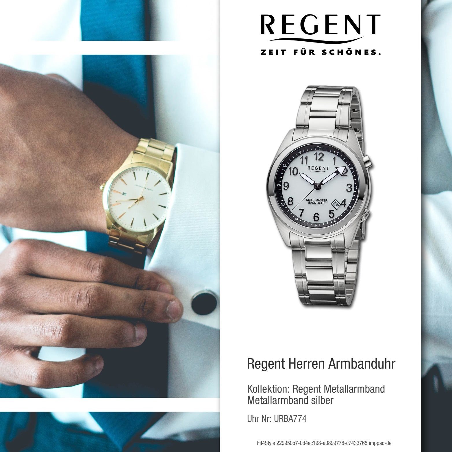 rundes Quarzuhr Armbanduhr Analog, 37,6mm) Metallarmband Regent Herren Gehäuse, silber, (ca Herrenuhr Regent extra groß