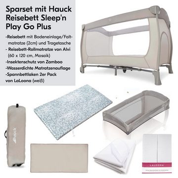 Hauck Baby-Reisebett Sleep'n Play Go Plus - Beige, Baby Kinder Reisebett mit Matratze, 2 Spannbettlaken & Insektenschutz