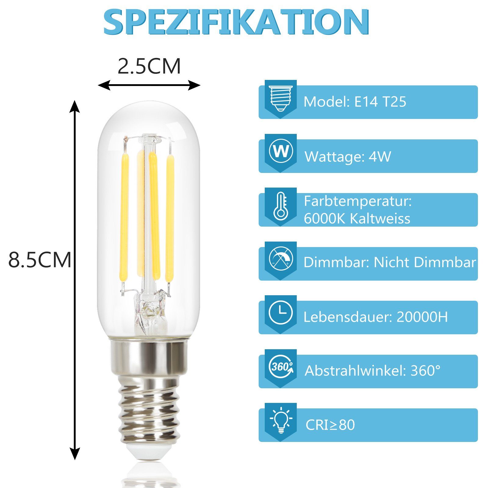 ZMH LED-Leuchtmittel LED Glühbirnen Vintage Lampe Birnen 4W Energiesparlampe, E14, 2 St., 6000k, nicht dimmbar – Bild 2 von 5