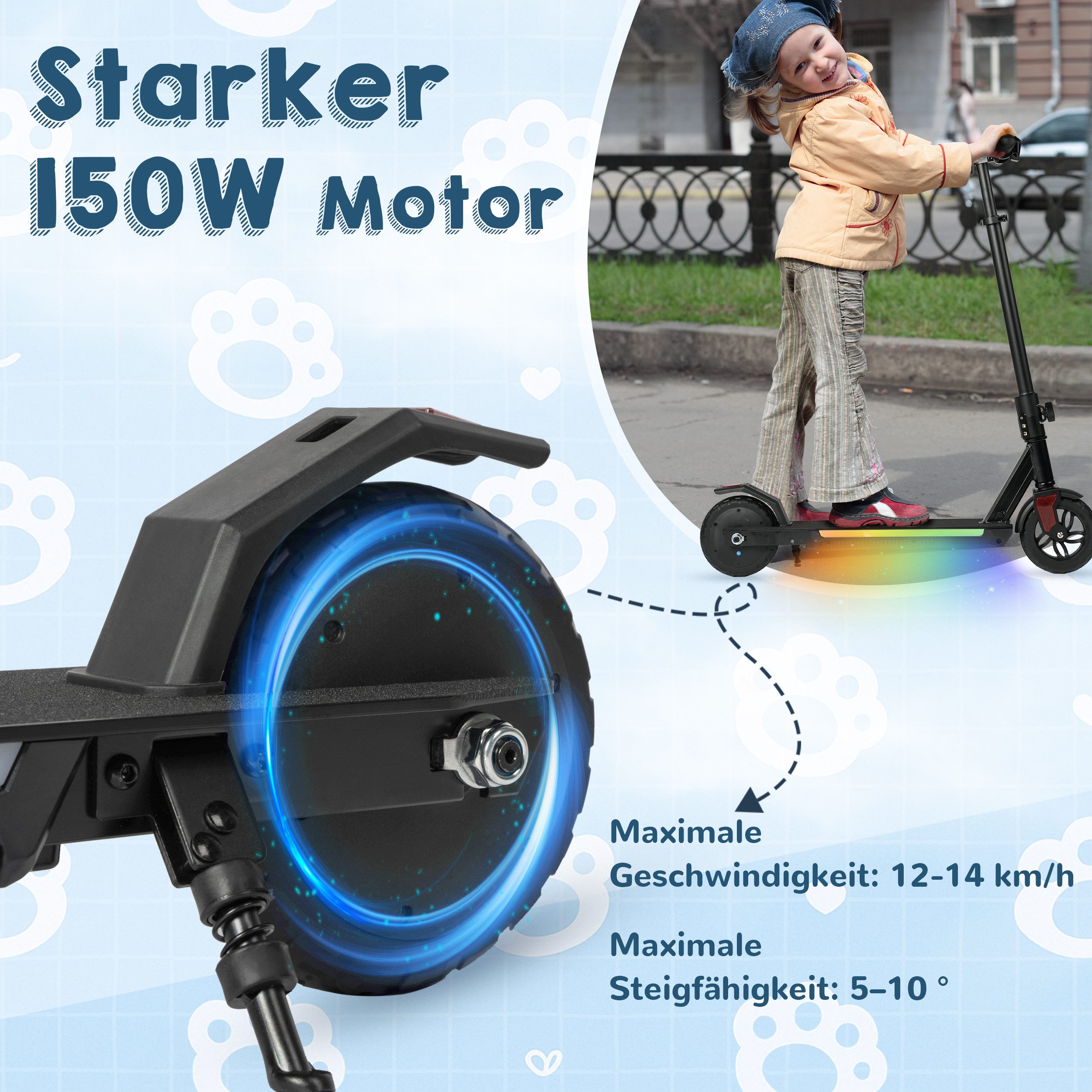Vankel Elektro-Kinderroller E-Scooter für Kinder, ab 10 Jahren, klappbar, höhenverstellbar, 14 km/h, Bunte Leuchten, max. 15km Reichweite