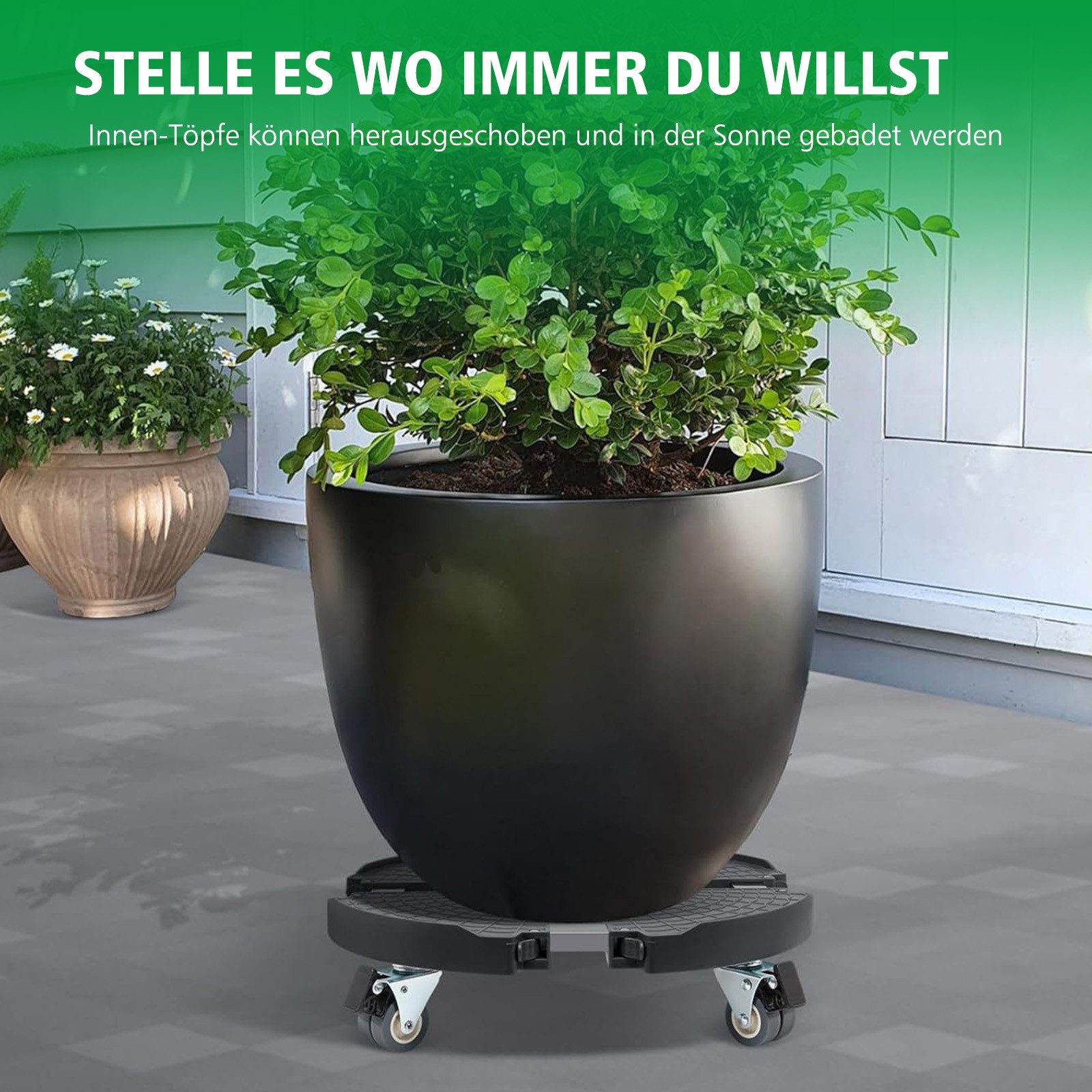 AKKEE Blumentopfuntersetzer Ausziehbarer Blumentopfteller mit 360° drehbaren Rollen, Zubehör für Zubehör für Pflanztöpfe, Set, 40-48cm – Bild 5 von 5