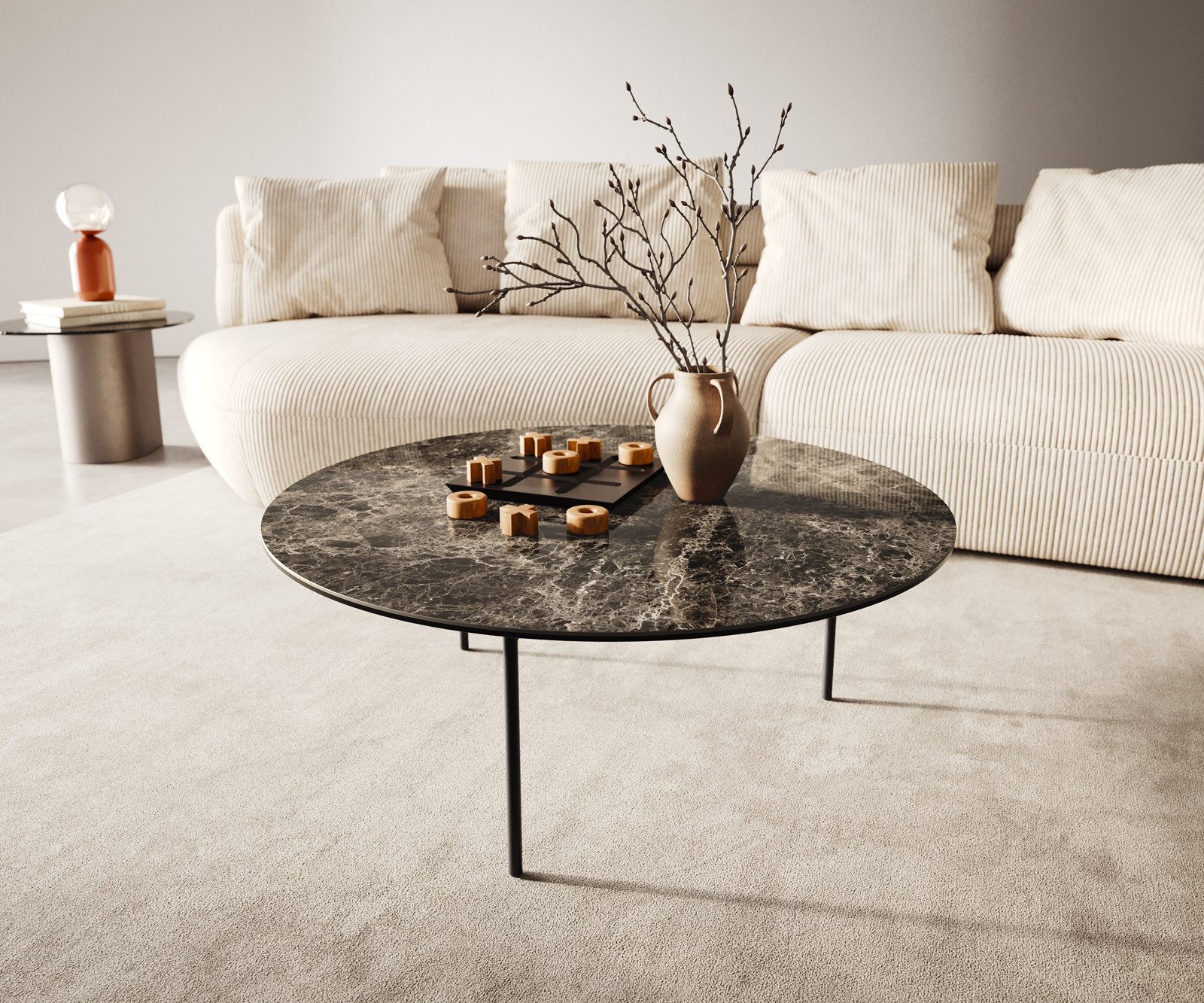 DELIFE Couchtisch Edge, Rund 90x90 cm Keramik Emperador Extra Lucidato Dunkelbraun Trive Metal