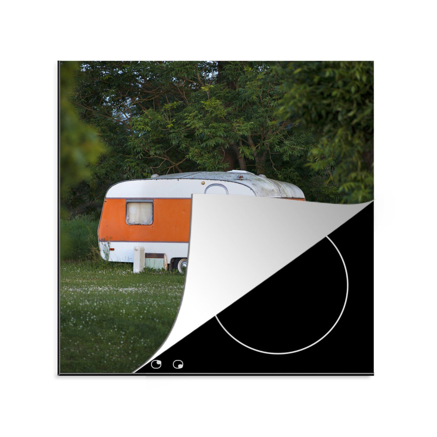 MuchoWow Herdblende-/Abdeckplatte Wohnwagen - Orange - Wiese, Vinyl, (1 tlg), 78x78 cm, Ceranfeldabdeckung, Arbeitsplatte für küche