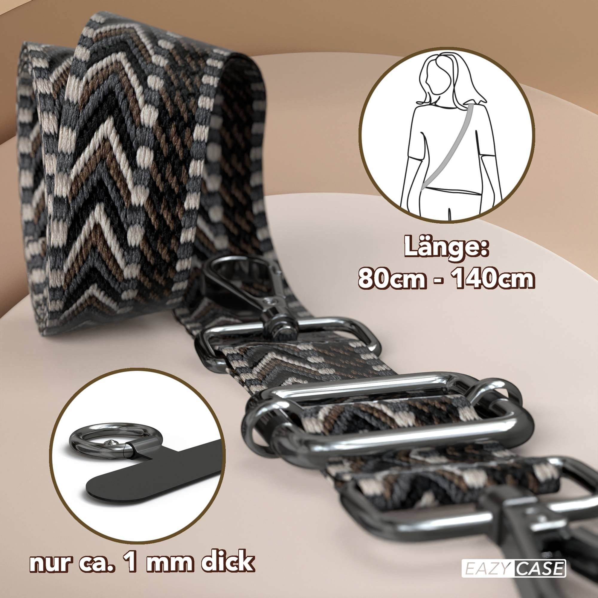 EAZY CASE Handykette Universal für alle Smartphones Boho/Wave/Leo Style, Universales Handyband mit Carabiner wechselbare Kordel Schwarz Silber – Bild 4 von 5
