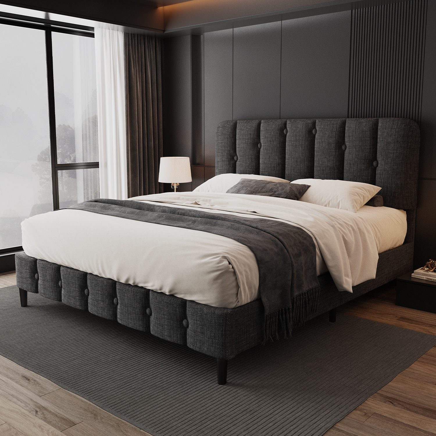 Lexzurn Polsterbett Doppelbett (jugendbett 140x200) mit Lattenros–stabil und leise (Großes, gepolstertes Kopfteil mit weichem, strapazierfähigem Leinenstoff), in Grau oder Beige erhältlich!