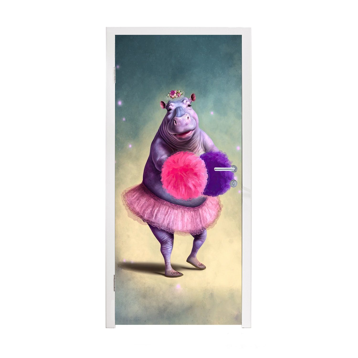 Matt, Tür, - Pompons - MuchoWow Ballerina Porträt für - Türtapete - Fototapete Blumen bedruckt, cm - (1 Türaufkleber, Kinder, St), 75x205 Nilpferd