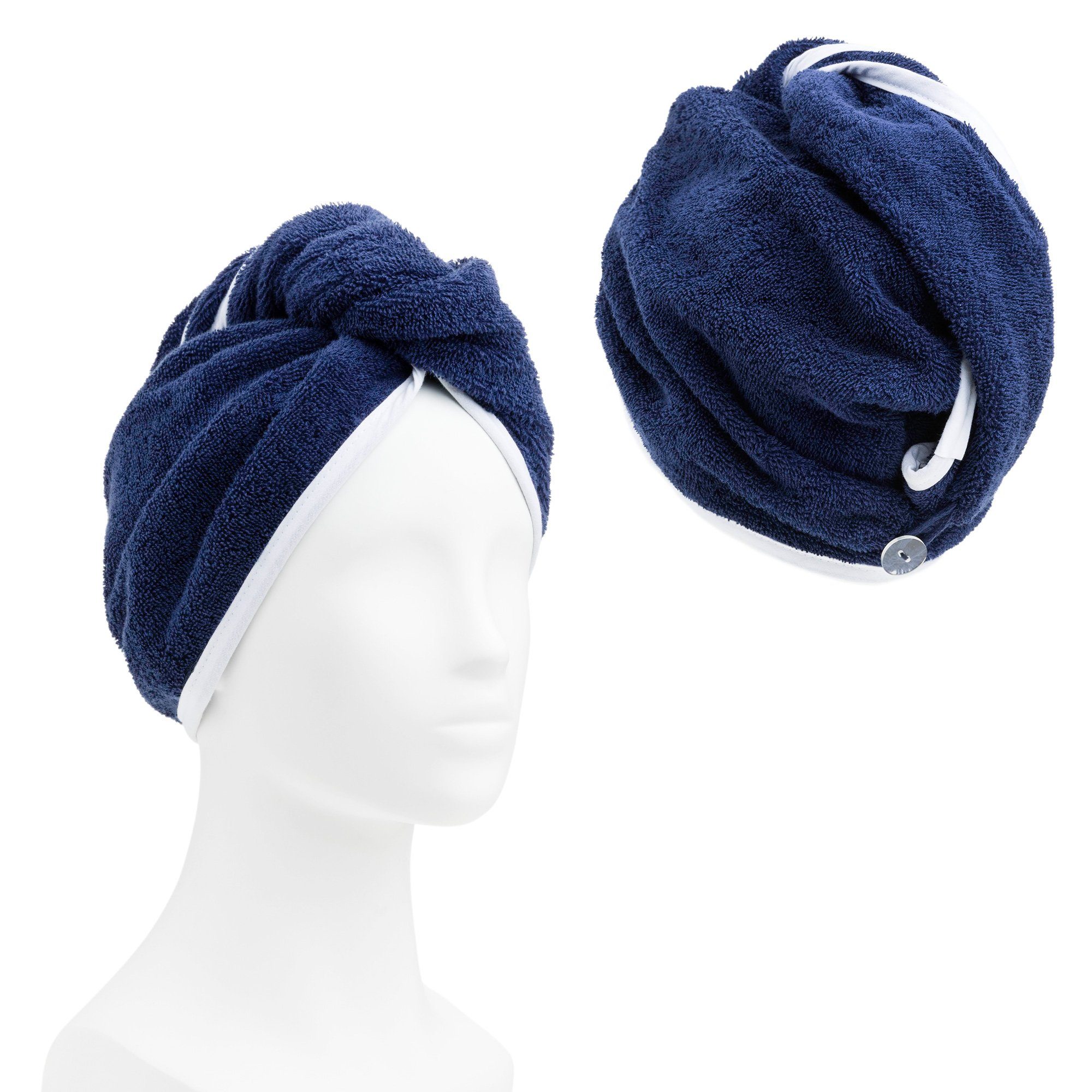HOMELEVEL Turban-Handtuch - 100% Baumwolle (2-St) mit 2x - Dunkelblau, Frottee Haarturban Knopf