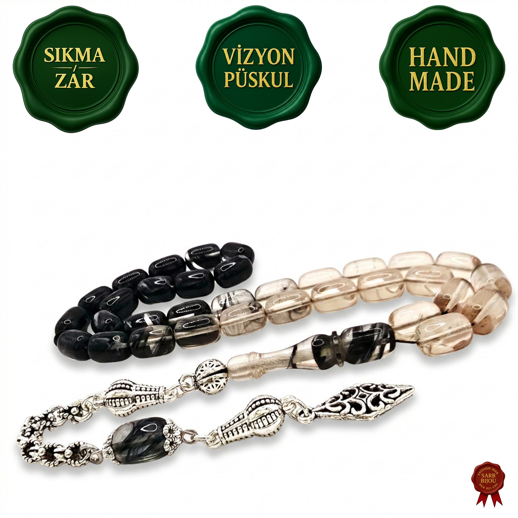 M-Punkt24 Kettenanhänger Tesbih Tespih Sıkma Vizyon Püskül Silberfarbig (Blau-Weiß, Mavi-Beyaz, Kapsül, Gebetskette, Rosary, Misbah, Subha), mit VIZYON Püskül