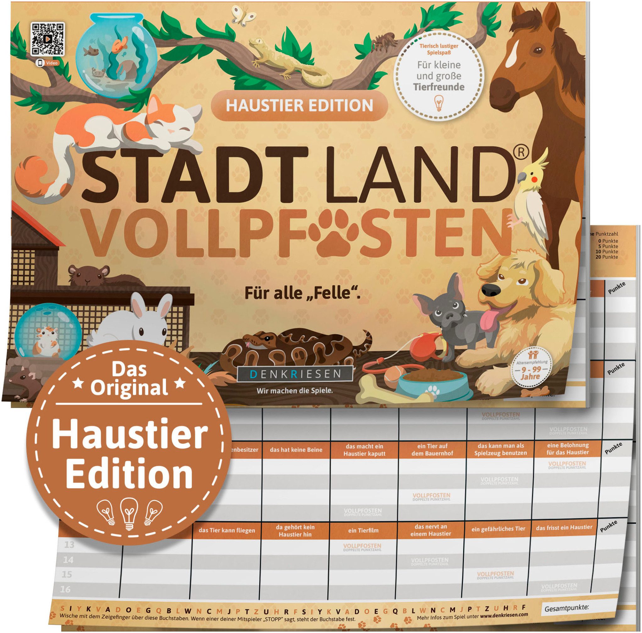Denkriesen Spiel Stadt Land Vollpfosten® Haustier Edition "Für alle Felle.", Familienspiel, Spielblock, Made in Germany