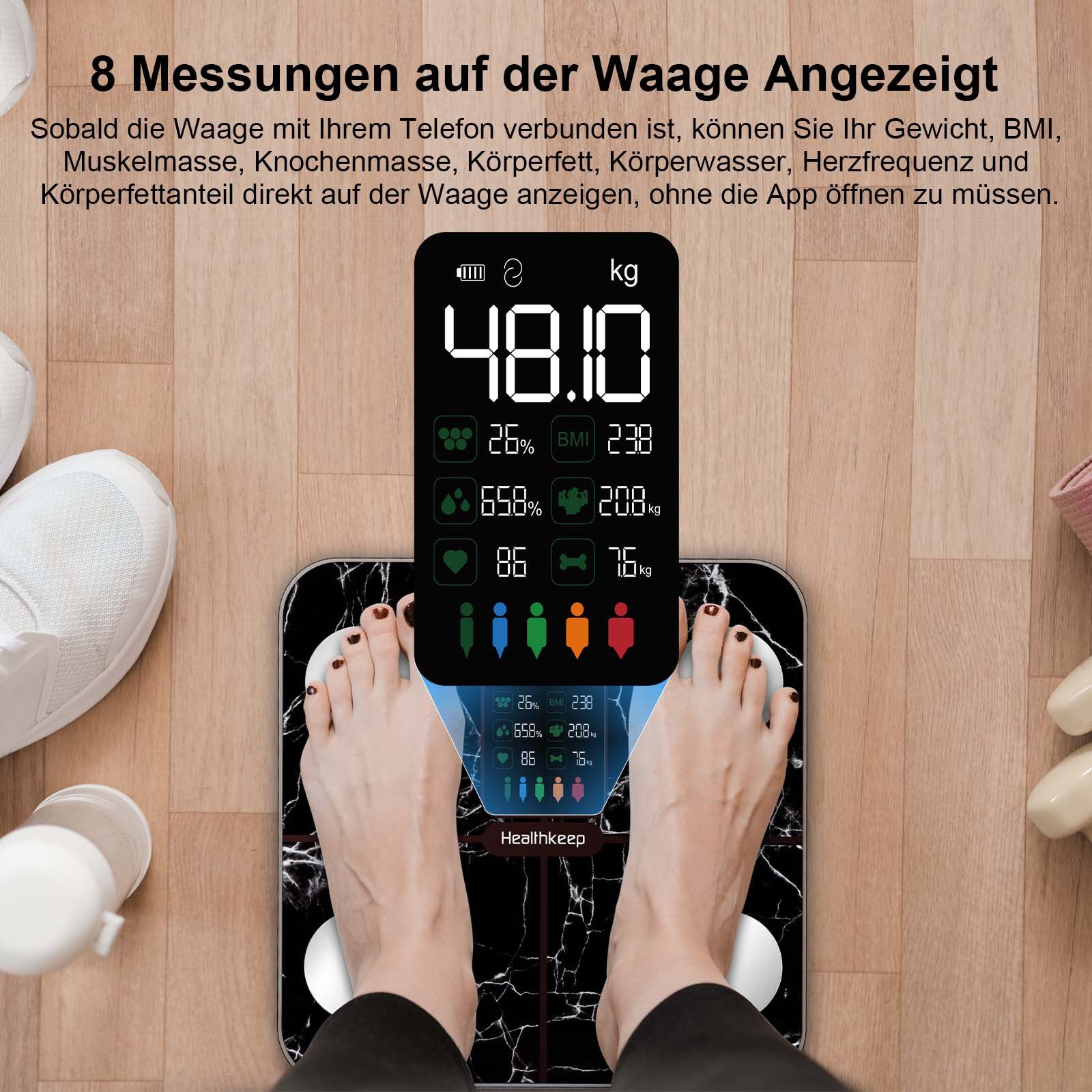 Healthkeep Körper-Analyse-Waage Intelligente Körperanalysewaage 15 Körperdaten mit großem VA-Display, Digitale Waage Impedanzmessung Bluetooth, App für Android und iOS Max. 180kg/400lb/28st