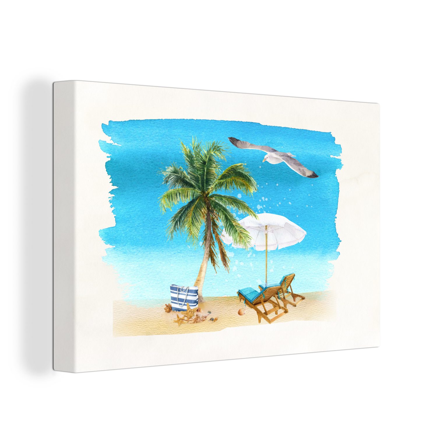 OneMillionCanvasses® Leinwandbild Strandkorb - Sonnenschirm - Palmen - Strand, (1 St), Wandbild Leinwandbilder, Aufhängefertig, Wanddeko, 30x20 cm