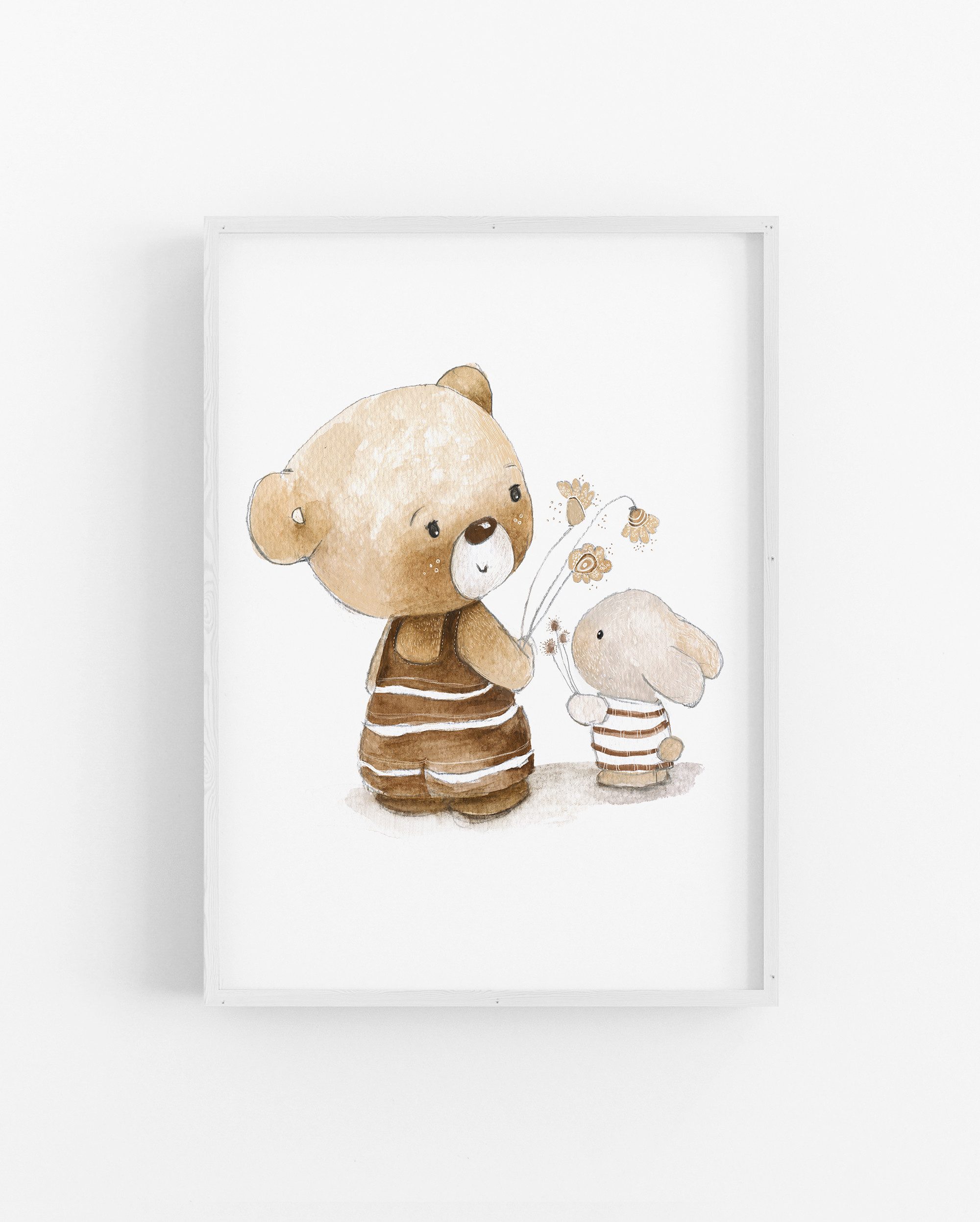 Pipapier Poster Kinderposter "Bär und Hase mit Blumen", Kinderzimmerdeko, Kinderzimmerbild in DIN A4 oder DIN A3
