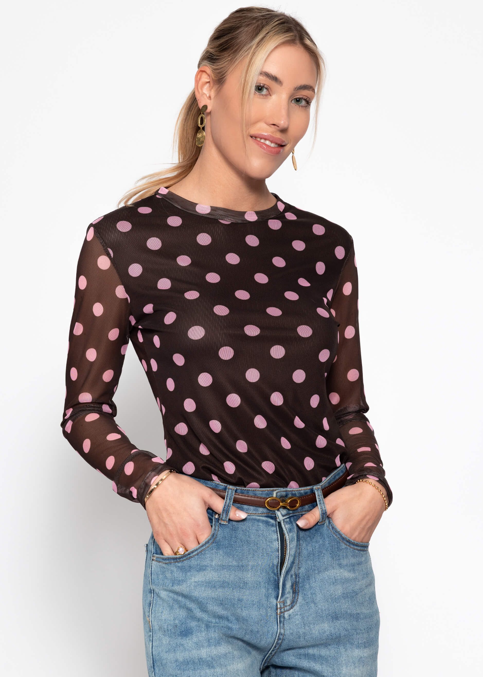 SASSYCLASSY Langarmshirt Mesh Langarmshirt mit Punkten für Damen Leichtes Shirt mit gefütterter Vorderseite und Rundhalsausschnitt