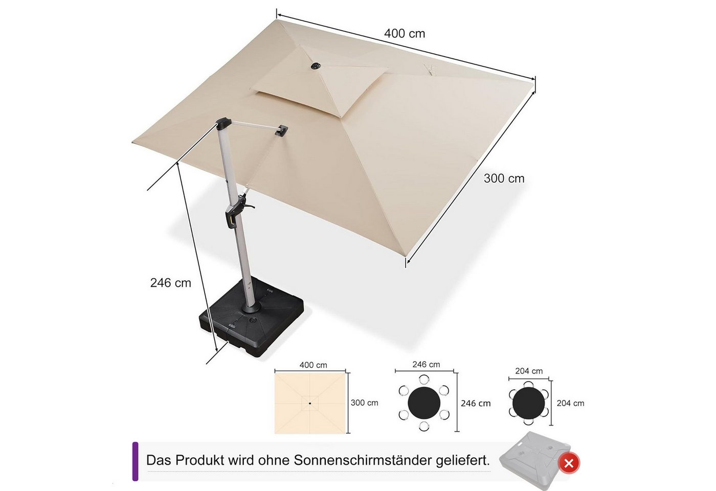 Thumbnail - PURPLE LEAF Ampelschirm Rechteckiger Außenbereich Doppeldach Sonnenschirm, Terrassenschirm, LxB: 400,00x300,00 cm, für G...