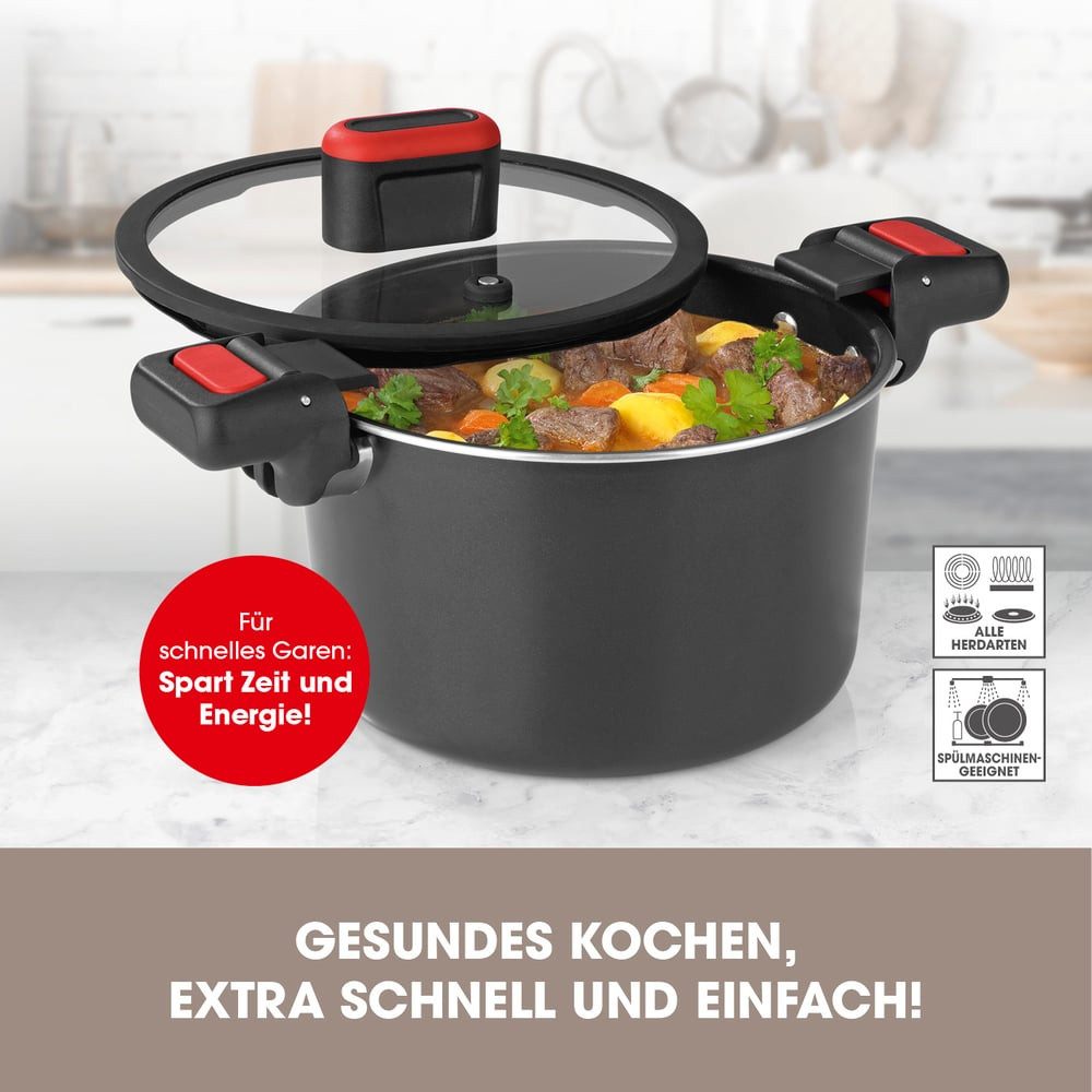 GOURMETmaxx Schnellkochtopf Energiespartopf Aluminium 5,8l schwarz/rot, (2-tlg)
