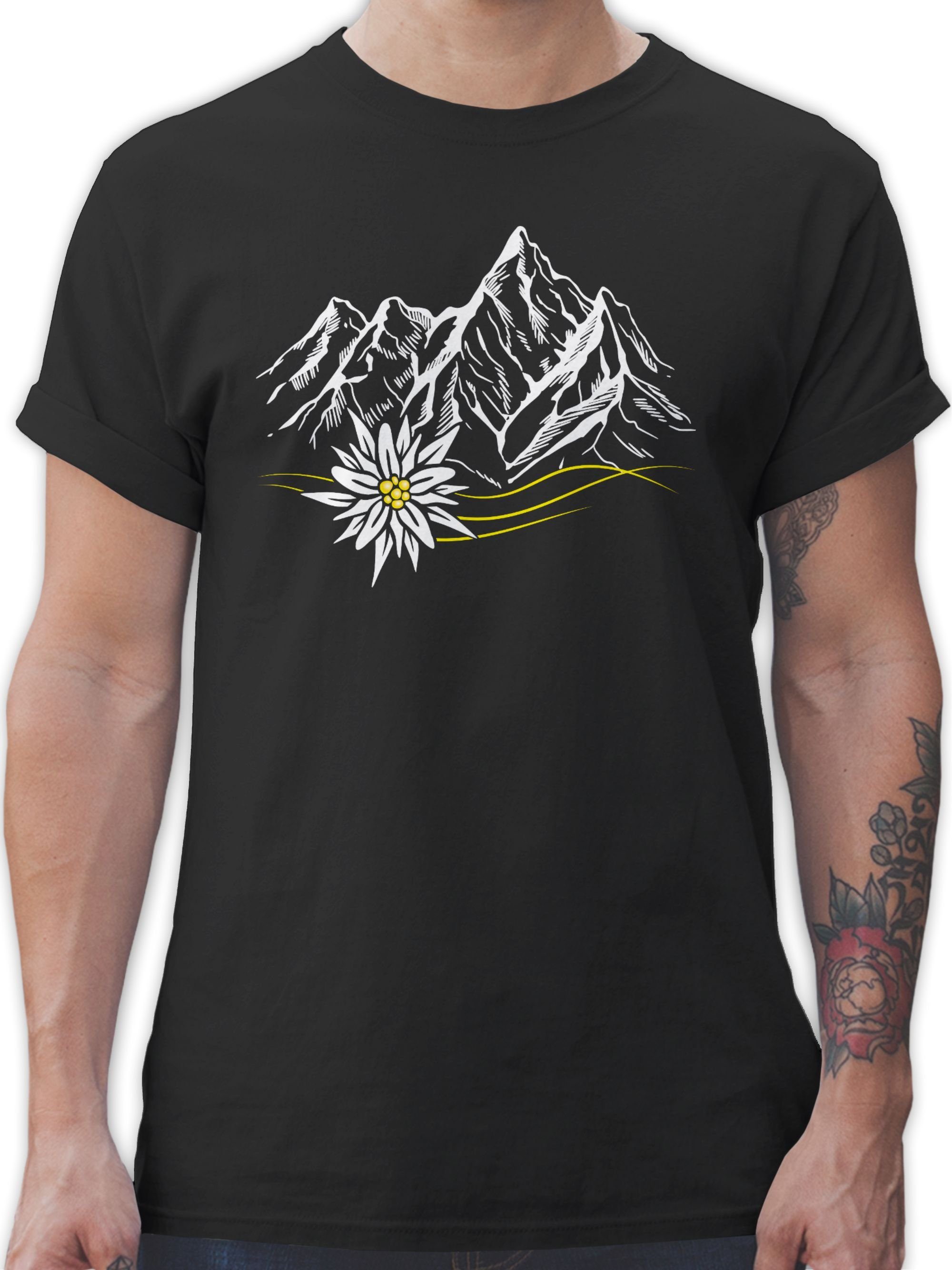 Shirtracer T-Shirt Edelweiß Berge Wandern Wanderlust Berg ruft Alpen Mode für Oktoberfest Herren 02 Schwarz