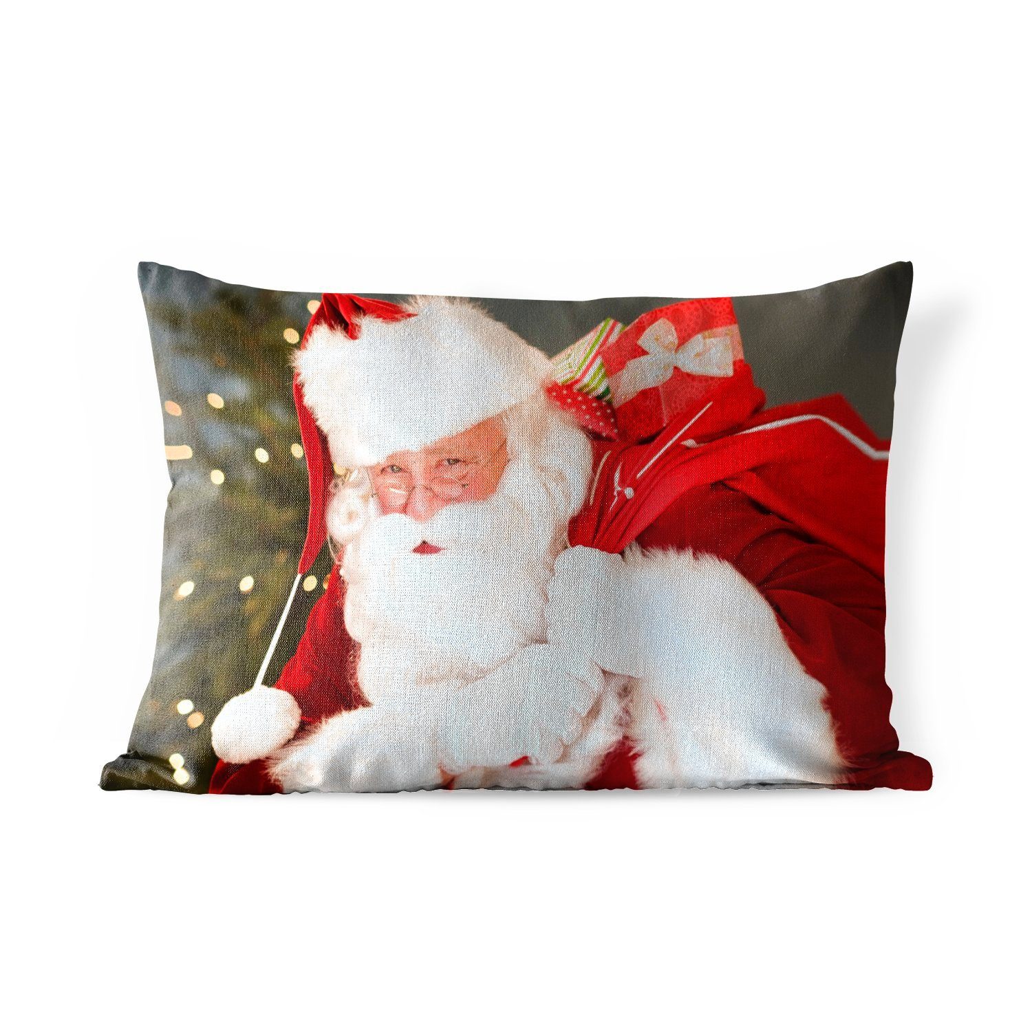 MuchoWow Dekokissen Ein Porträt des Weihnachtsmanns, der einen roten Sack über der, Outdoor-Dekorationskissen, Polyester, Dekokissenbezug, Kissenhülle
