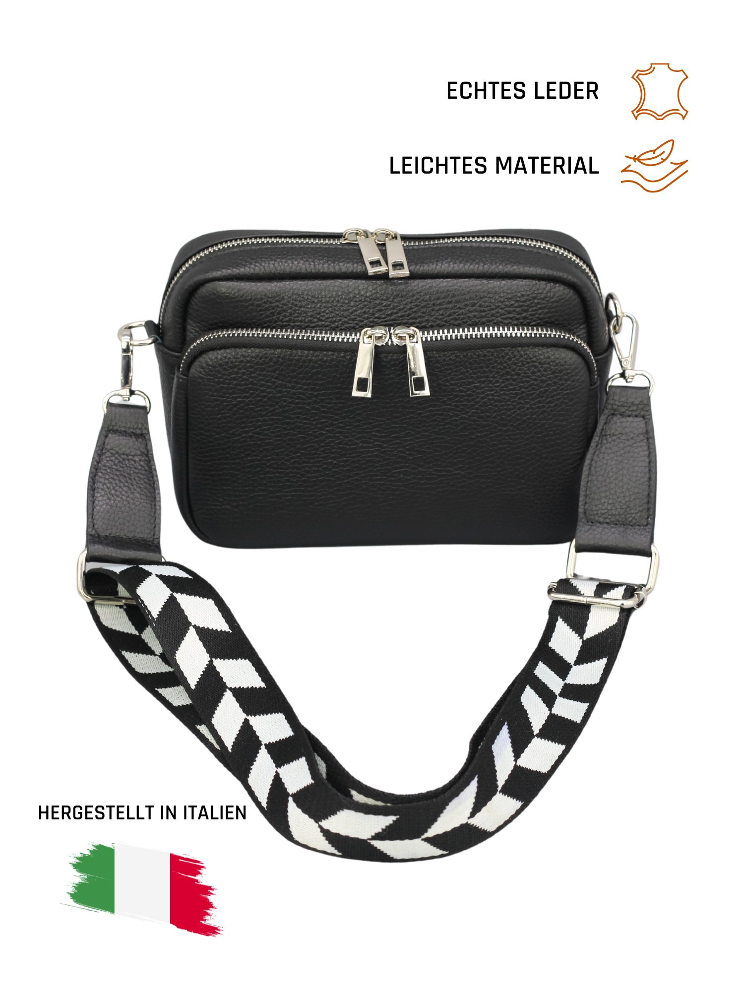 Adel Bags Schultertasche BELLA Umhängetasche für Damen, Schultertasche mit 2 Wechselriemen, echtes Leder, hergestellt in Italien