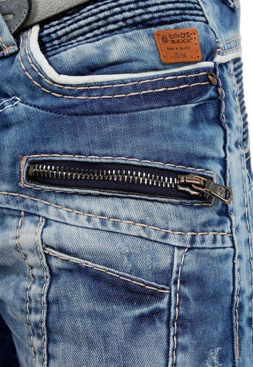 Cipo & Baxx Regular-fit-Jeans Herren Regular Fit Hose Stonewashed BA-C1150 (1-tlg) mit auffälligen Verzierungen und dicke Kontrastnähte
