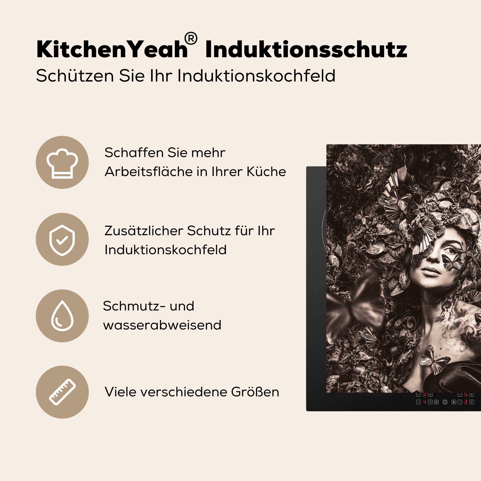 MuchoWow Herdblende-/Abdeckplatte Vinyl, Schmetterling, (1 cm, - Frau für 78x78 - Sepia tlg), küche Ceranfeldabdeckung, Arbeitsplatte