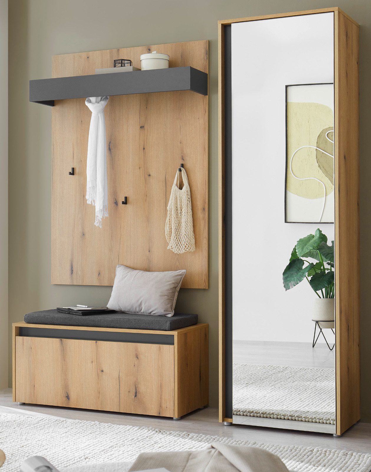 Furn.Design Garderoben-Set Center, (Flurgarderobe in Eiche mit Grau, 3-teilig, 170 x 200 cm), große Spiegeltür, inkl. Sitzkissen