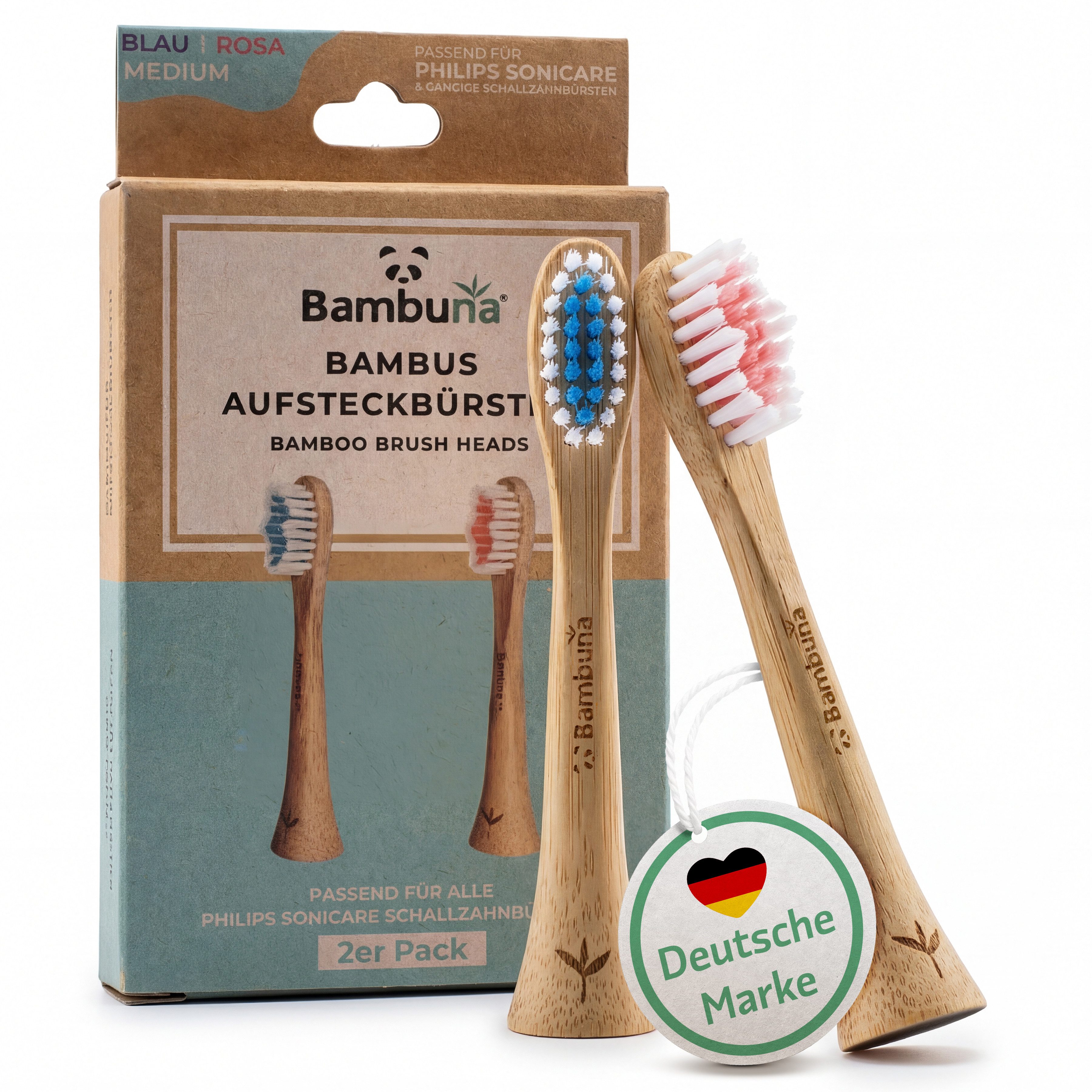 Bambuna Aufsteckbürsten Sonicare Ersatzbürsten aus Bambus, passend für Philips Sonicare Schallzahnbürste - plastikfrei & biologisch abbaubar, Spar-Set, B2 Optimal White mit Tripleclean-Borstenprofil - Mittelweiche Borsten