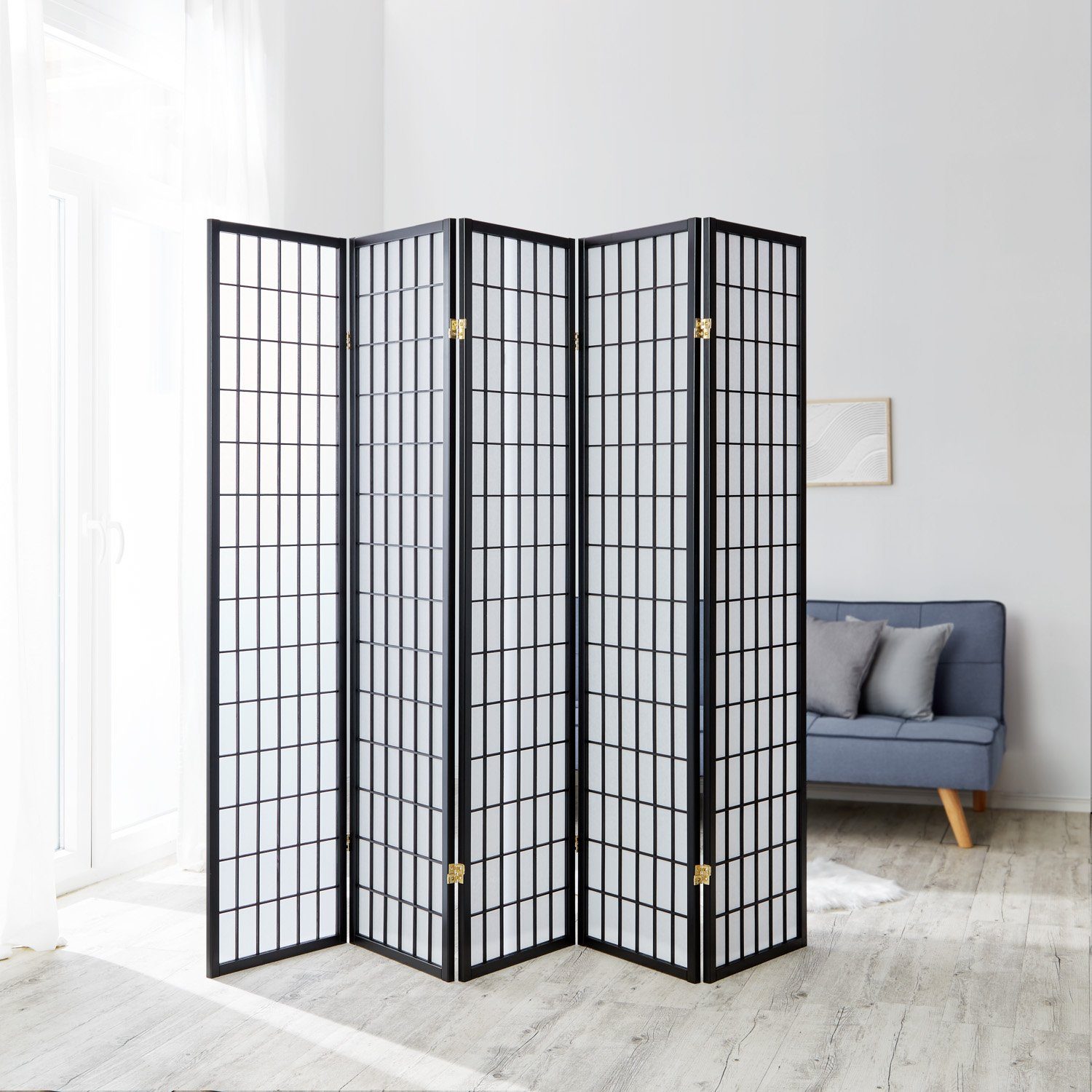 Homestyle4u Paravent Raumteiler Indoor Holz Shoj Schwarz Spanische Trennwand Sichtschutz (5-teilig)