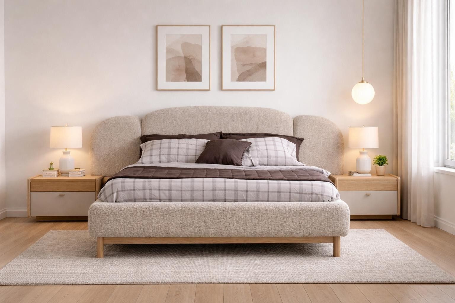 Polsterbett Beiges Schlafzimmer-Set mit gepolstertem Bett und 2 Nachttischen