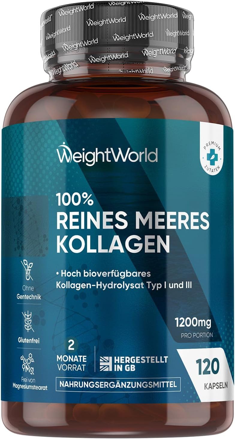 WeightWorld Marine Kollagen Kapseln – Für Haut, Haare & Nägel von innen Kapseln, 1 er 120 St., 86 g, 1200mg reines Marine Collagen Typ I und III