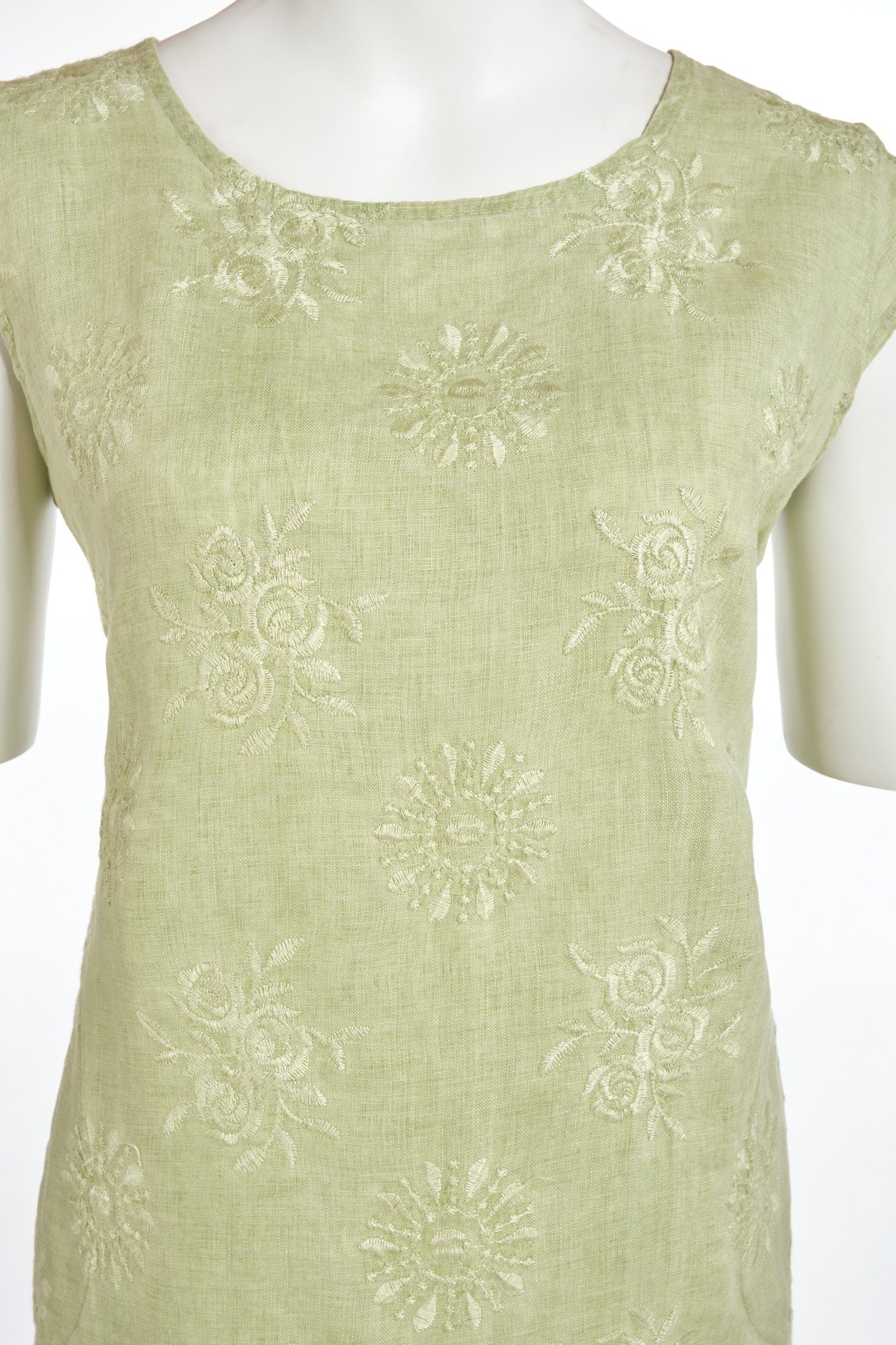 PEKIVESSA Sommerkleid mit kurzarm knielang (1-tlg) Stickerei Damen Leinenkleid v2-apfelgrün