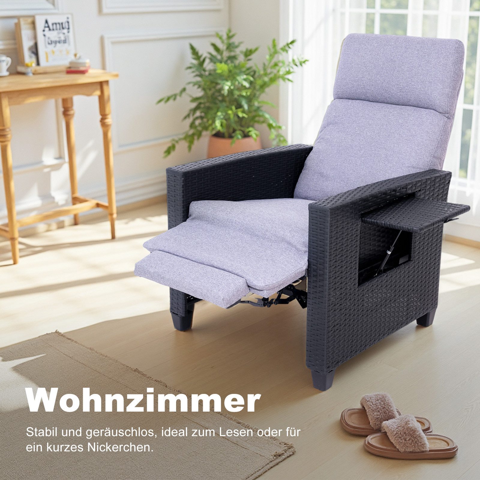 HOMAVO Gartensessel Rattansessel mit verstellbarer Rückenlehne, praktischem Ablagetisch (Maximale Belastung 200 kg, Legierung Stahlrahmen, wetterfest), mit Fußstütze