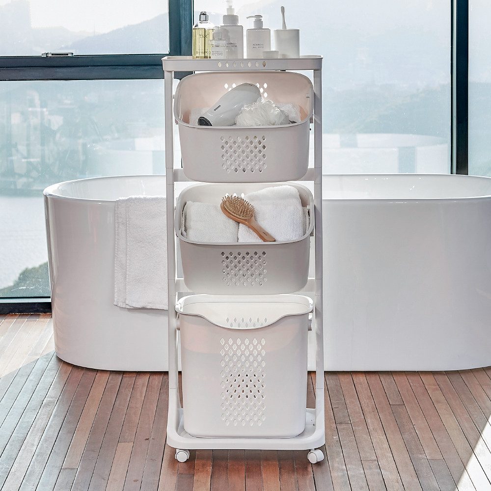 Yorbay Wäschekorb 3 Fächer platzsparend Wäschewagen auf Rollen, hoch Wäschesortierer (mit 4 Stockwerke, 3 Aufbewahrungskörbe, 108,8 x 43,7 x 32,8 cm), 120L Wäschesammler für Kleidung, Spielzeug, für Badezimmer