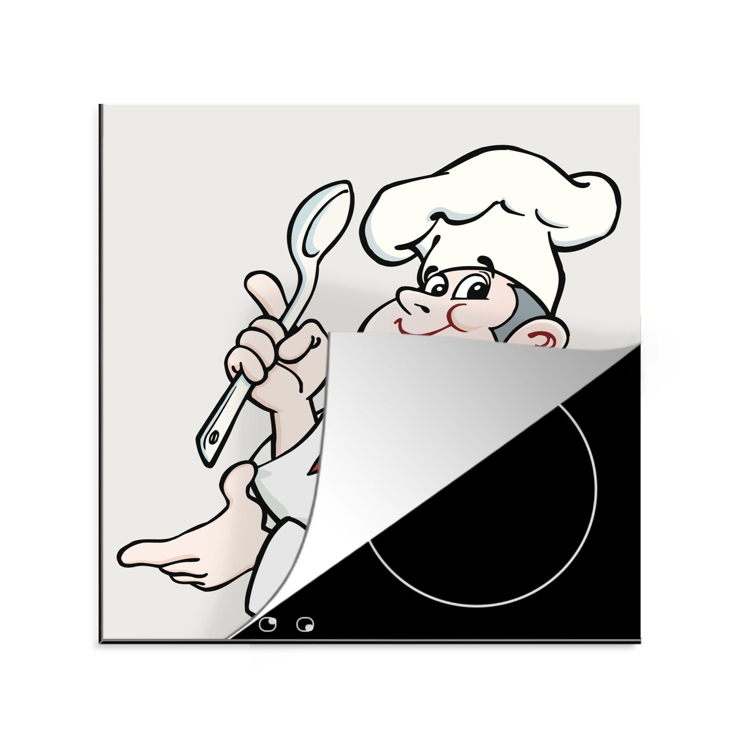 MuchoWow Herdblende-/Abdeckplatte Illustration eines Kochs mit einem Löffel, Vinyl, (1 tlg), 78x78 cm, Ceranfeldabdeckung, Arbeitsplatte für küche