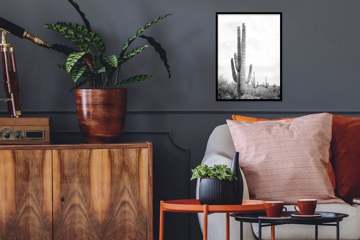 MuchoWow Poster Kaktus - Schwarz und weiß - Natur - Pflanzen, (1 St), mit  Rahmen, Kunstdruck, Gerahmtes Poster, Schwarzem Bilderrahmen