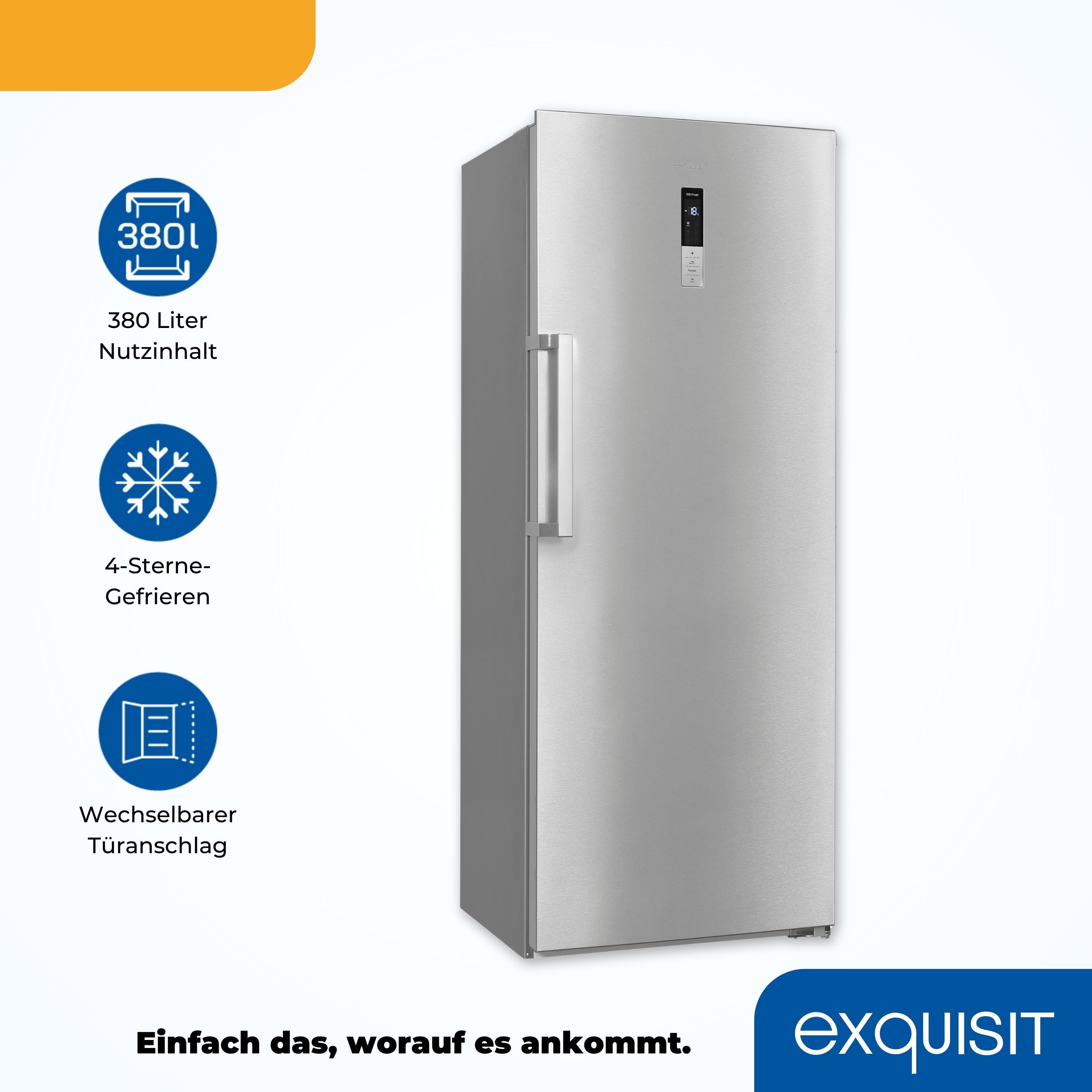 exquisit Gefrierschrank NoFrost GS380-NF-H-050E inoxlook, 185,5 cm hoch, 71 cm breit, 380 L Gefrierschrank: No-Frost, 4-Sterne & flexibel mit LED-Licht – Bild 4 von 5