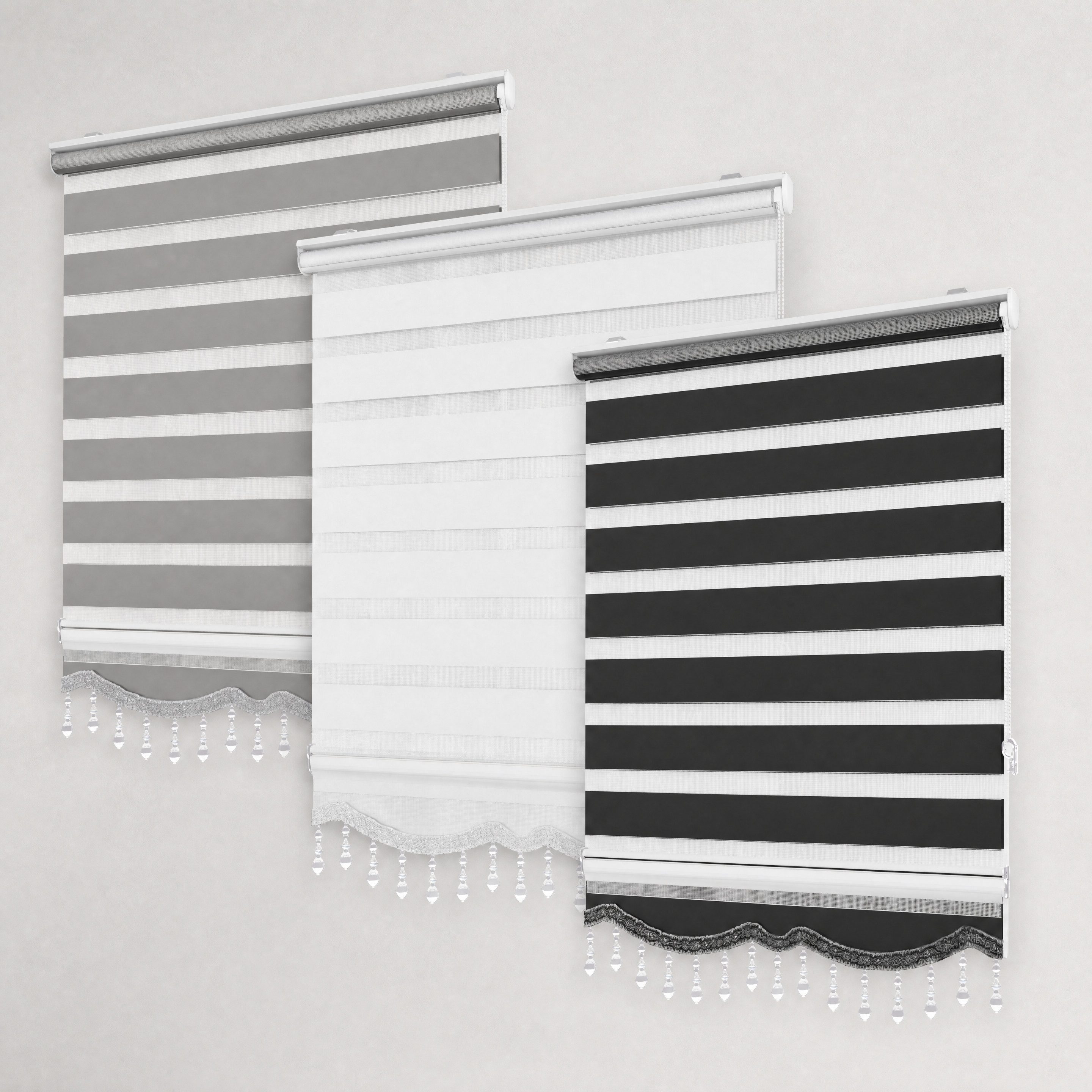 Doppelrollo Klemmfix Doppelrollo mit Perlen Volant in versch. Farben, Plisseeonline, blickdicht, Klemmträger Montage auf dem Fensterrahmen, Freihängend, Klemmfix, Mit Perlen, Aluminium Schiene, Weiß, Grau, Beige, Braun, Anthrazit