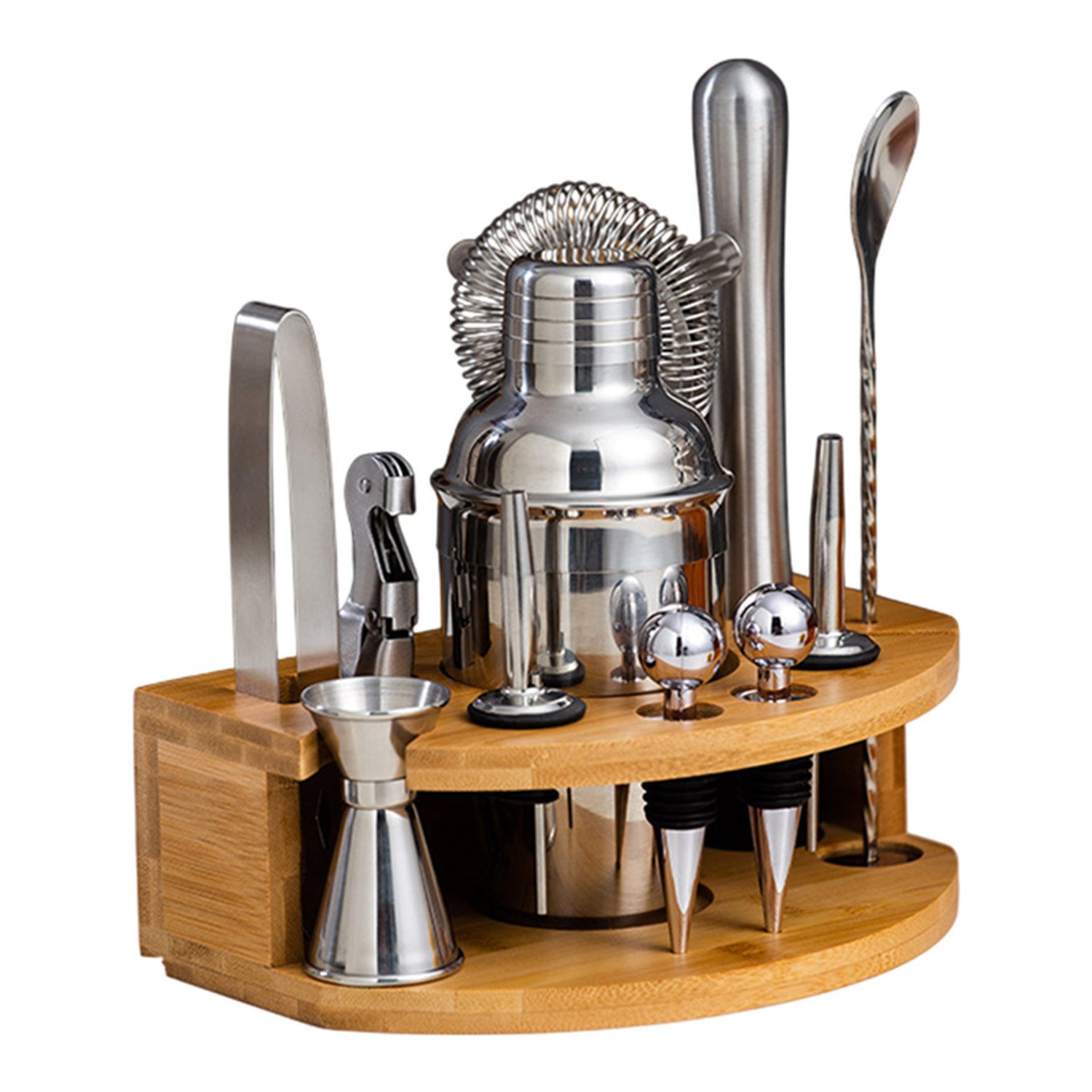 Cocktail Shaker 12 Teiliges Edelstahl Bar Zubehör Cocktail Set mit Holzständer