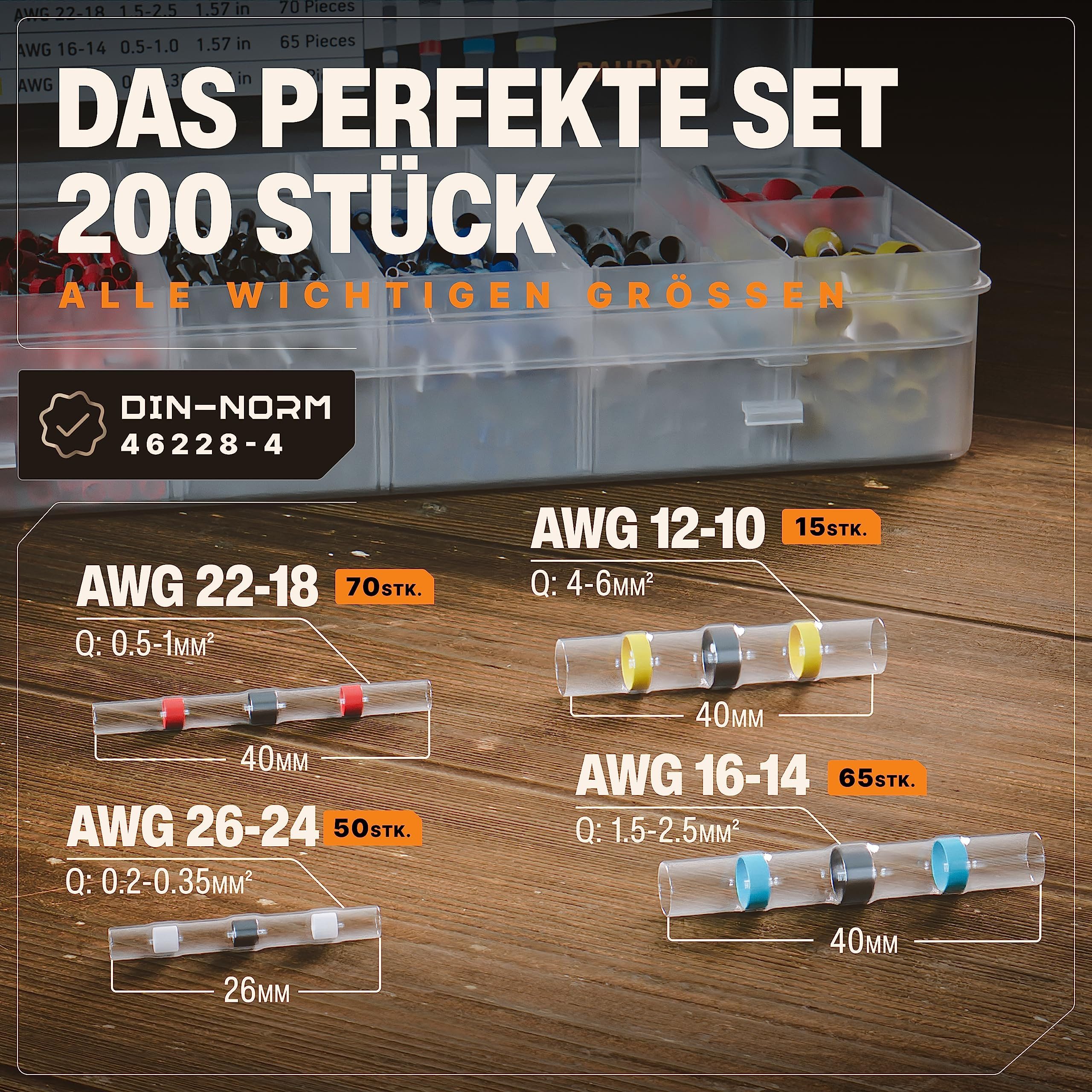 BAURIX Kabelverbinder-Sortiment Lötverbinder Set I IP67 Schrumpfverbinder, 200-tlg., für wasserdichte Kabel-Verbindungen, I Kabelverbinder Set, Stoßverbinder