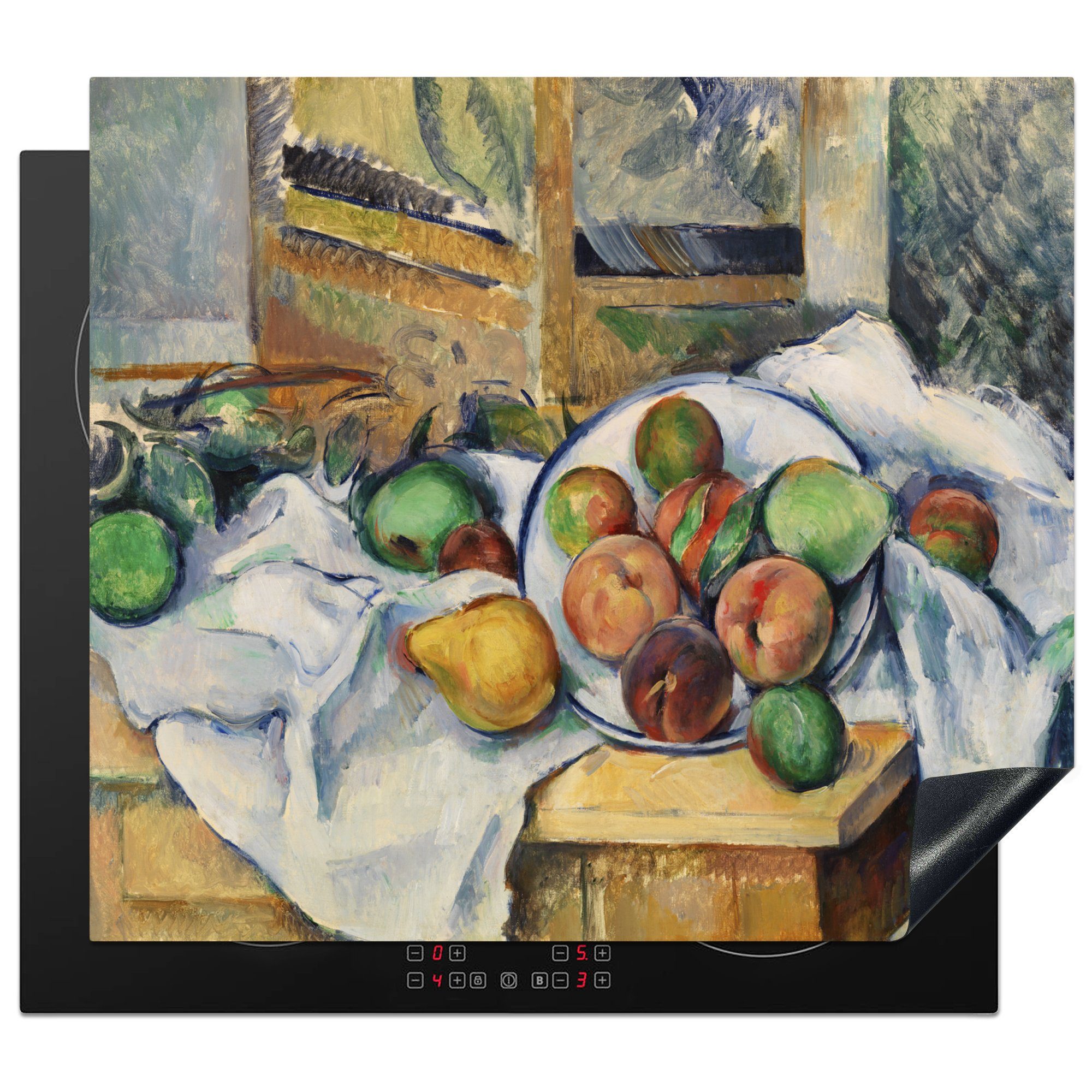 MuchoWow Herdblende-/Abdeckplatte Stilleben mit Pfirsichen und Äpfeln - Gemälde von Paul Cézanne, Vinyl, (1 tlg), 60x52 cm, Mobile Arbeitsfläche nutzbar, Ceranfeldabdeckung