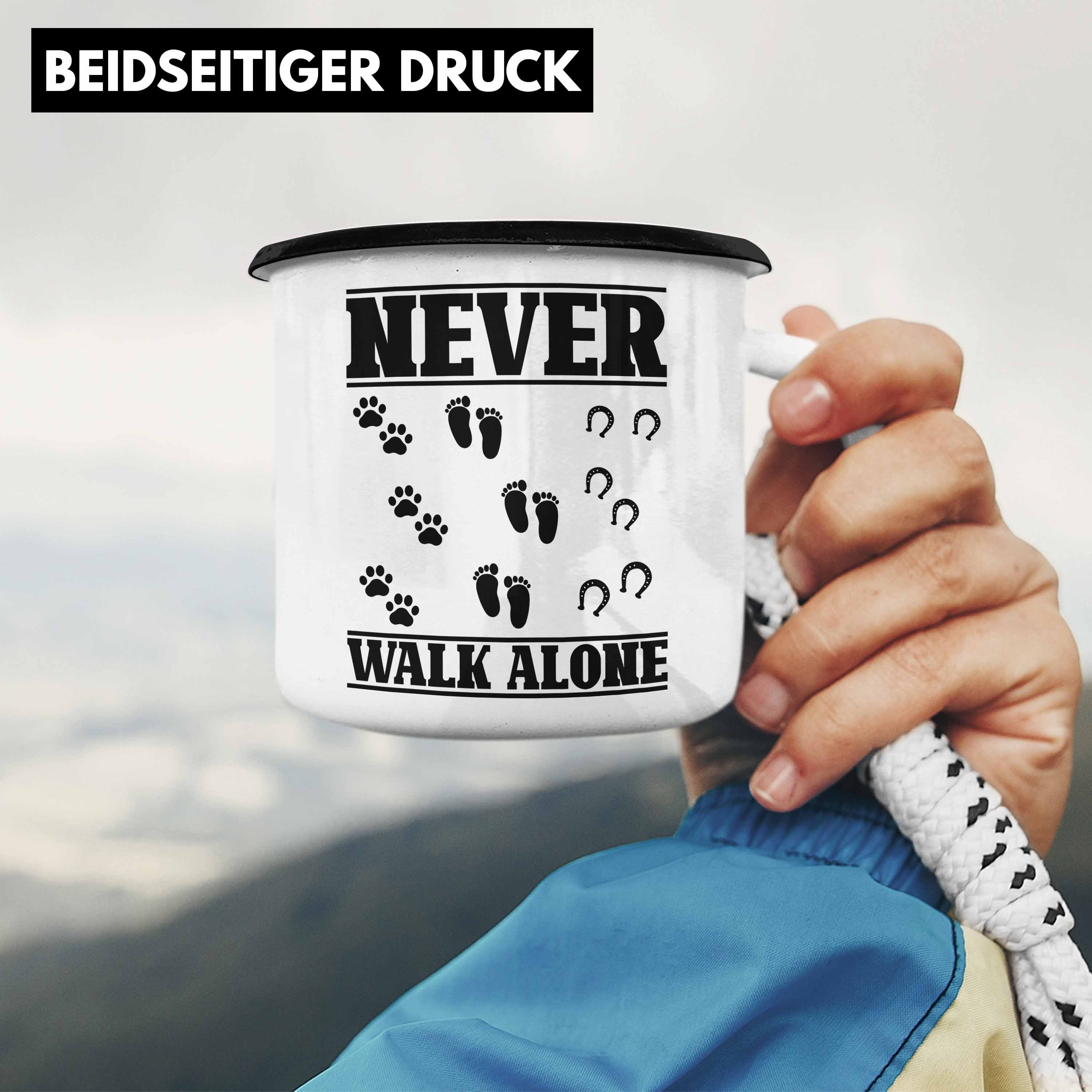 Tasse - Pferde Trendation Reiterin Thermotasse Never Trendation Alone Emaille Pferd Hund Walk Geschenk Mädchen Schwarz Geschenk Reiter