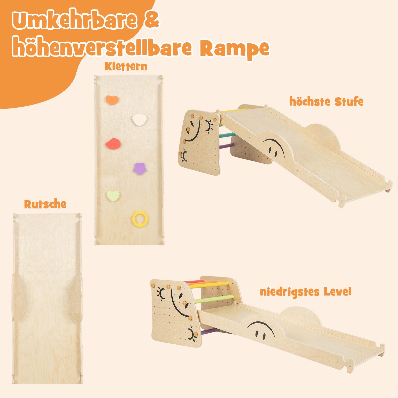 COSTWAY Klettergerüst, 6 in 1 Indoor Kletterrampe, Holz, höhenverstellbar