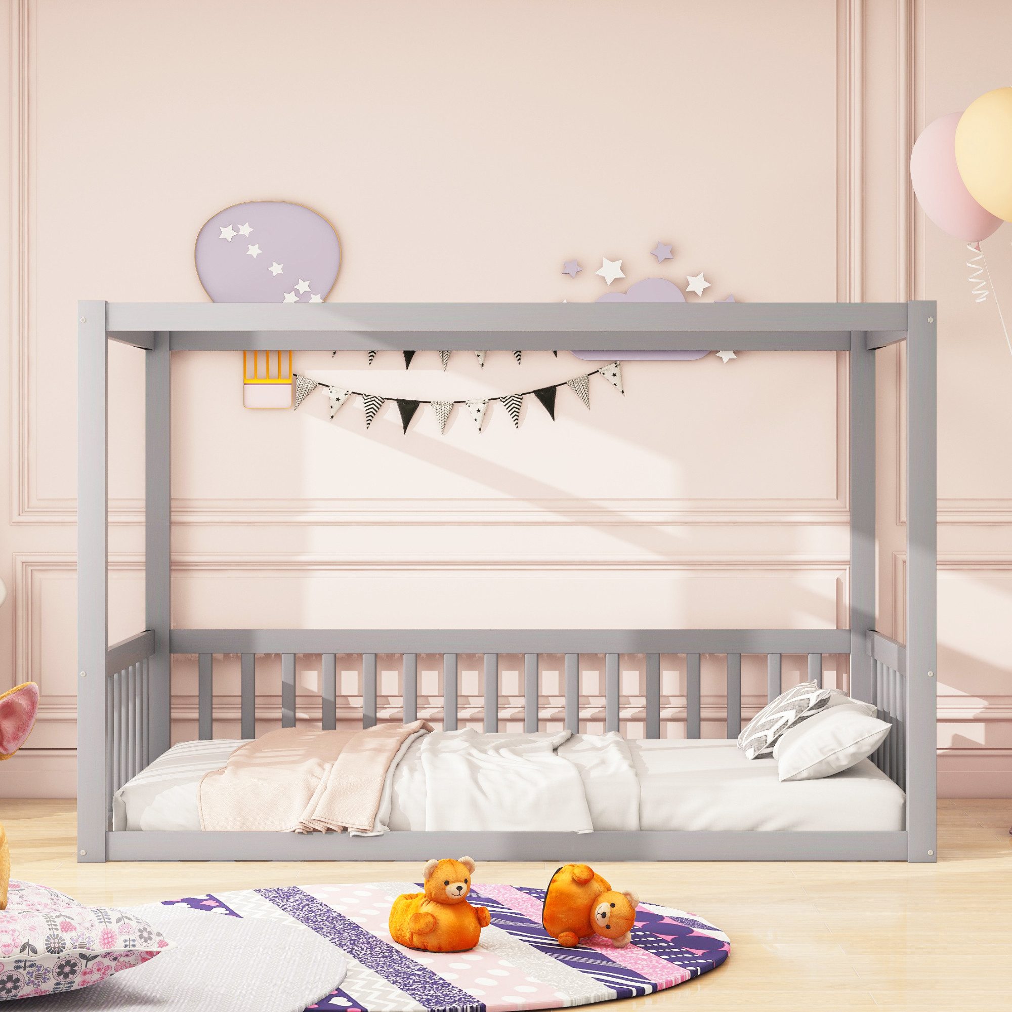 Flieks Kinderbett, Einzelbett Bodenbett 90x200cm ohne Lattenrost mit Rausfa günstig online kaufen