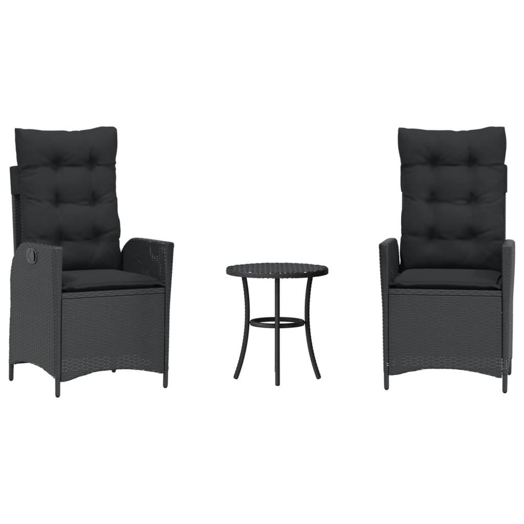 vidaXL Gartenlounge-Set 3-tlg. Bistro-Set mit Kissen Schwarz Poly Rattan, (1-tlg)