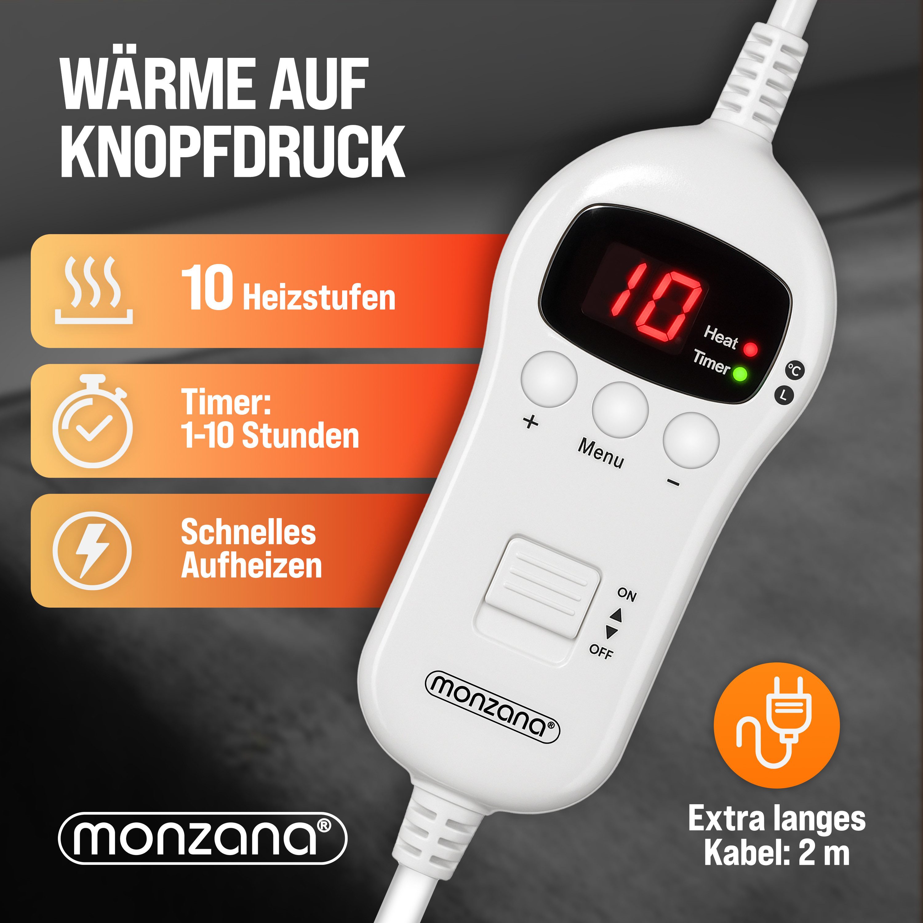 monzana Heizdecke Heizdecke, Fleece 180x130cm 10 Heizstufen Timer 1-10 Stunden anthrazit