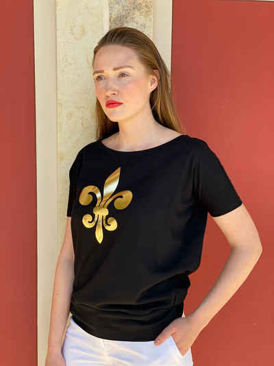 KR-Industries Kurzarmshirt Shirt Lilie mit breitem Rundhalsausschnitt, unifarben mit Print, goldene Applikationen