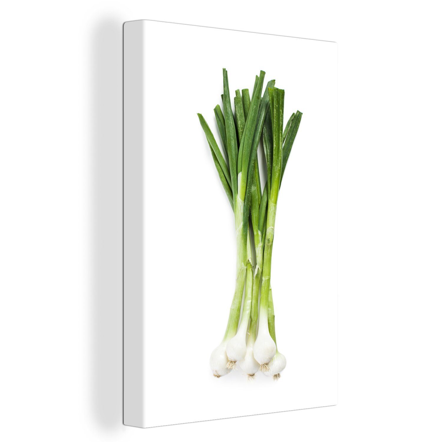 OneMillionCanvasses® Leinwandbild Nahaufnahme einer Bio-Frühlingszwiebel vor weißem Hintergrund, (1 St), Leinwandbild fertig bespannt inkl. Zackenaufhänger, Gemälde, 20x30 cm